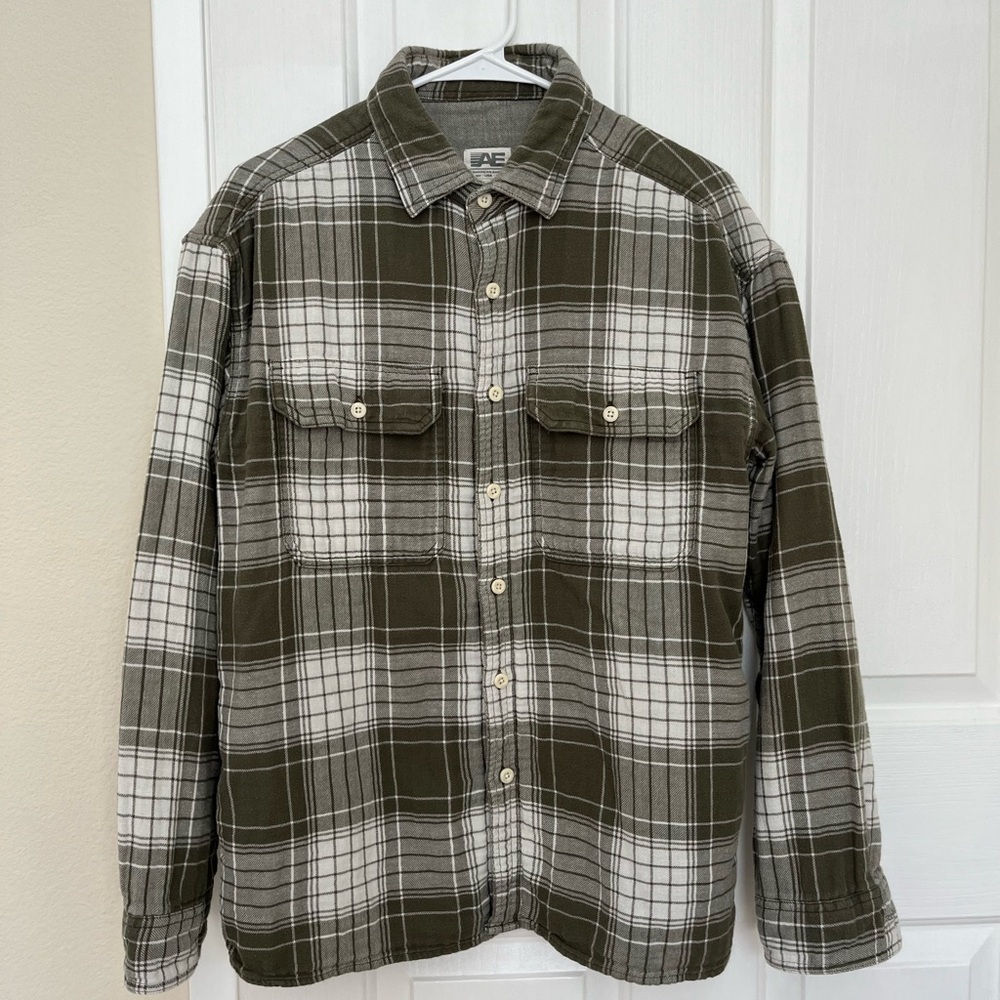 American Eagle Outfitters Olive Green and White Plaid Shirt